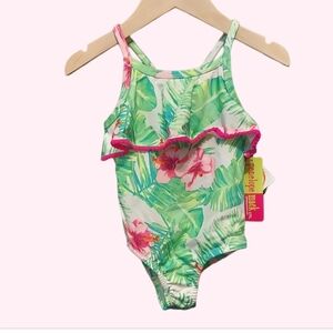 NWT Penelope Mack Green and Pink Hibiscus Swimsuit Size 4T